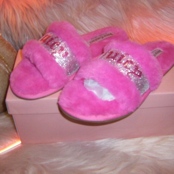 Juicy Couture Slide Slippers Faux Fur Crystals Gravity Pink Women's Sizes - Picture 10 of 15